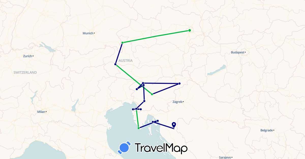 TravelMap itinerary: driving, bus in Austria, Croatia, Slovenia (Europe)